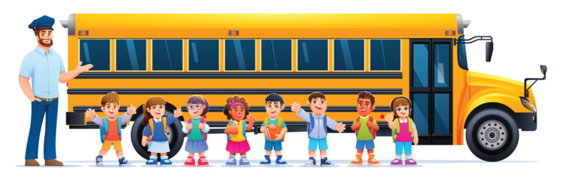 Friendly driver presenting happy school children standing in front of yellow bus. Vector cartoon illustration