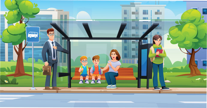 Commuters and school children wait at a modern city street shelter during daily transit. Vector cartoon illustration
