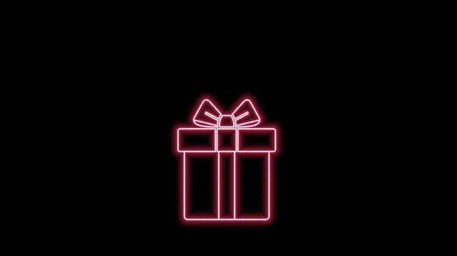 A bright red neon outline of a gift box with a bow pulsates and glows against a black backdrop.