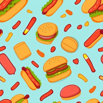 Colorful hot dog and burger vector seamless pattern with cute cartoon style illustration for fast food design, buns, tomatoes