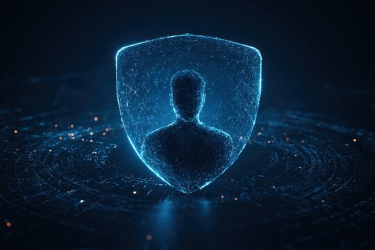 Abstract digital human silhouette protected by a glowing blue shield