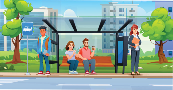 Urban passengers relaxing and checking smartphone while waiting for public transit outdoors. Vector cartoon illustration