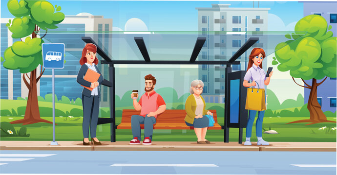 Passengers holding shopping bags and coffee wait patiently near a city street bus stop. Vector cartoon illustration