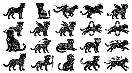 Obraz premium Mystical Black Panther Tiger Glyphs Set - Celestial Feline Magic, Spiritual Boho Decorative Vector Art