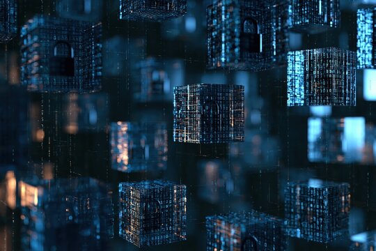 Abstract digital cubes with binary code and locks represent data security