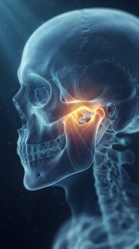 A detailed 3D medical illustration of a human skull in profile view, highlighting the temporomandibular joint (TMJ) with a glowing orange light. This visual represents TMJ disorder, jaw pain, infla...