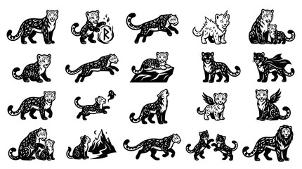 Obraz premium Black and White Vector Illustrations of Leopards, Cub and Lion Family