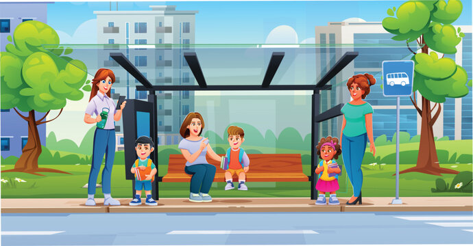 Mothers and young schoolchildren waiting together at an urban public bus stop shelter. Vector cartoon illustration
