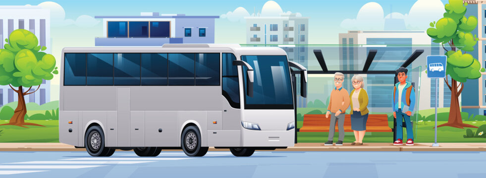 Senior couple and student waiting as a passenger bus stops at the city shelter. Vector cartoon illustration