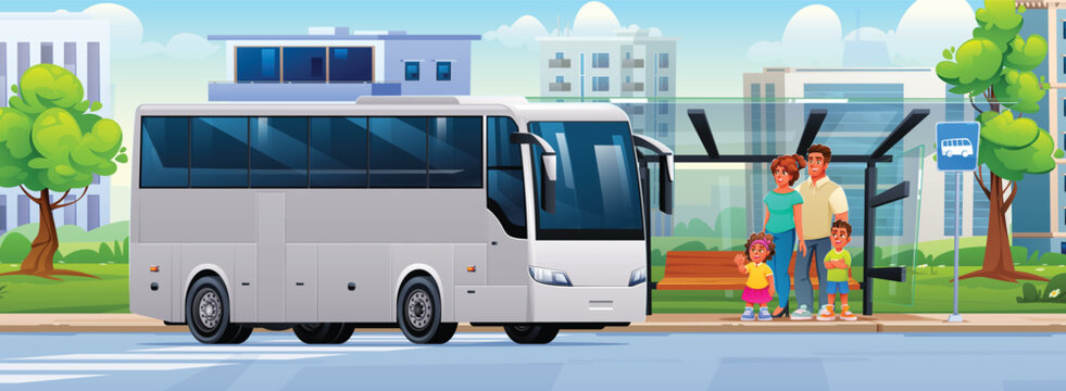 Happy family waiting together at a city bus stop shelter as public transport arrives. Vector cartoon illustration