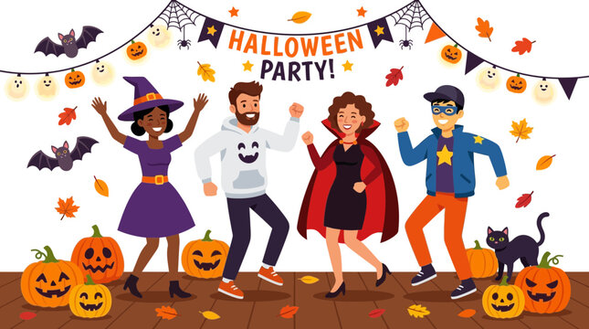 Happy People Dancing at Halloween Party with Decorations, Pumpkins, Bats