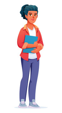 Smiling female student holding textbook standing prepared for educational class. Vector cartoon character illustration
