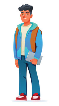 Friendly student carrying backpack and notebook standing ready for college. Vector cartoon character illustration
