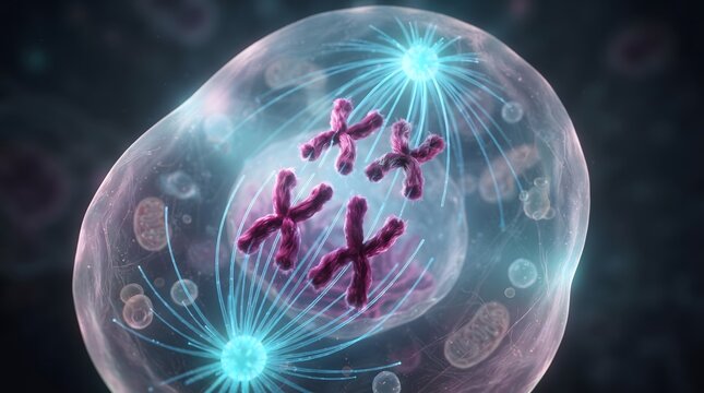 A detailed 3D scientific illustration depicting the process of mitosis during cell division. The image showcases purple chromosomes, glowing blue spindle fibers, and centrioles within a translucent...