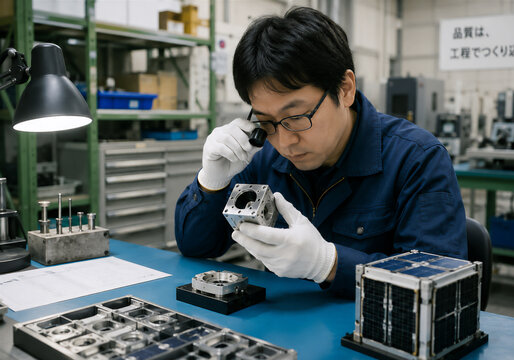 町工場で小型人工衛星の精密部品を検査する日本人技術者