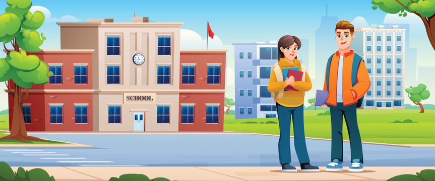 Students standing together in front of modern school building campus outdoor. Vector cartoon illustration