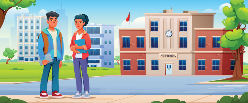 Happy students standing near school building yard outdoors on sunny day. Vector cartoon illustration