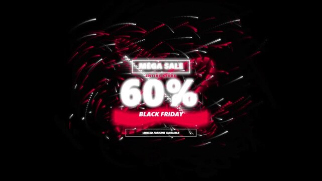 Black friday mega sale 60 percent discount badge on dark red particle motion backdrop.