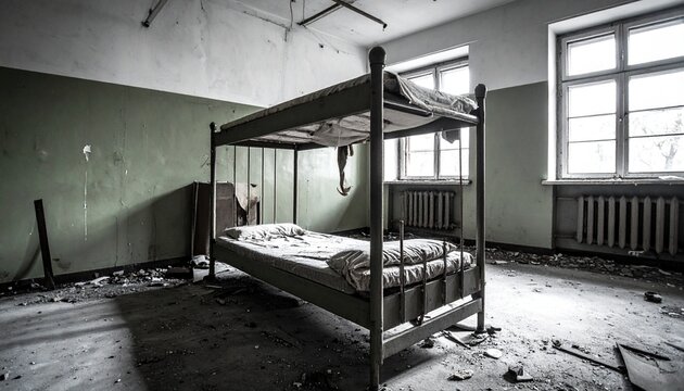 Abandoned Dormitory Room with Bunk Bed, Grimy Walls, and Debris-Strewn Floor Evokes Desolation and Decay