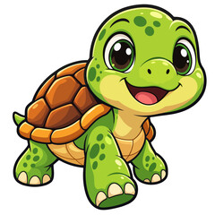 Naklejka premium cheerful cartoon baby turtle with smiling face and polka-dotted shell in bright green and brown line art style