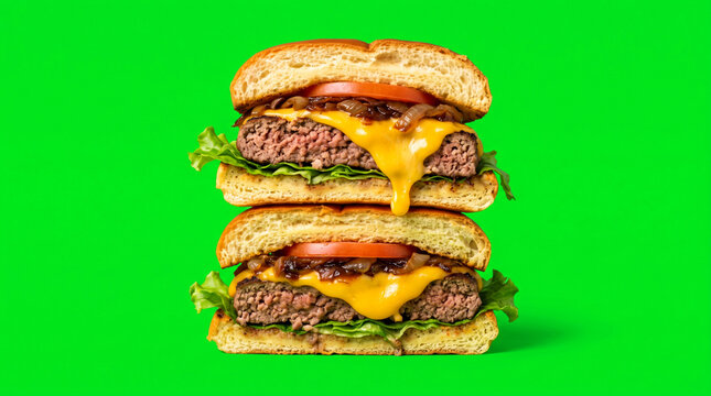 Beef hamburger with cheese stacked on a green screen background