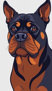 Strong Rottweiler face with a powerful build and alert expression, rendered in flat design vector style, powerful, vector graphic