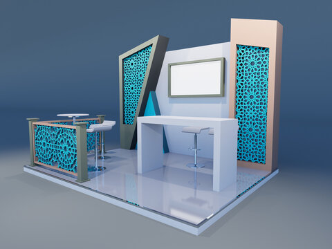 3D exhibition booth 3x4m Arabic Islamic geometric ornament mashrabiya panels teal blue modern interior design rendering