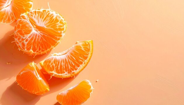 Fresh peeled mandarin orange segments on vibrant orange background for healthy snack and citrus fruit concept