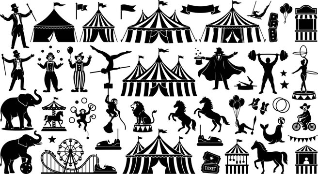 Vintage circus silhouette icon set vector illustration featuring black stencil big top tents ringmaster clowns acrobats magicians and trained animals