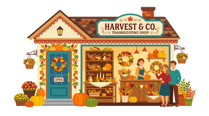 Naklejka premium Thanksgiving Shop Exterior with People and Autumn Decorations