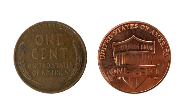 One old penny next to a new penny on a transparent background PNG 