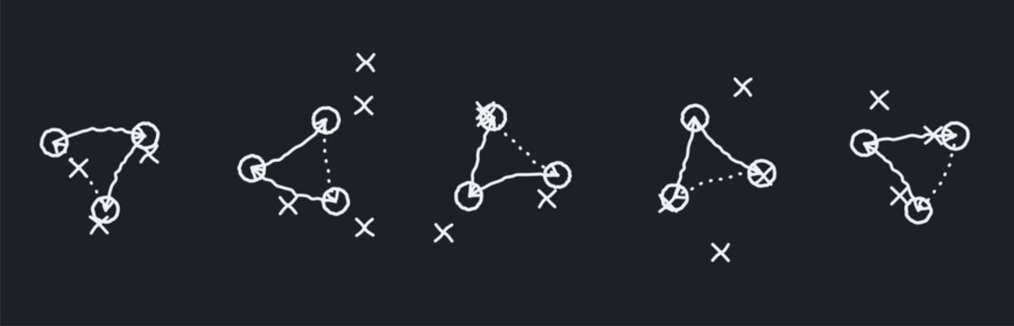 Chalkboard soccer passing drill diagrams triangle rondo players and arrows white on black