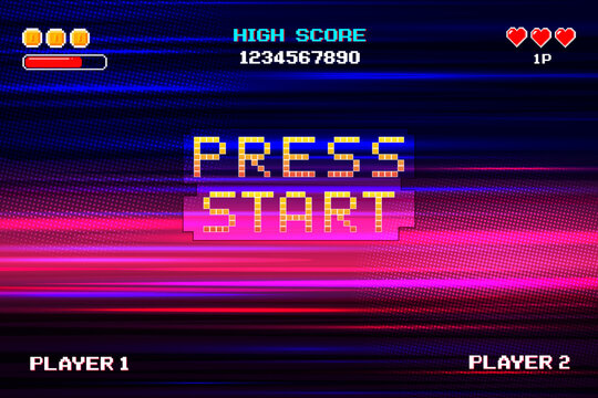 PRESS START. pixel art 8 bit. Retro Futurism Sci-Fi Background. glowing neon grid and stars from vintage arcade computer games