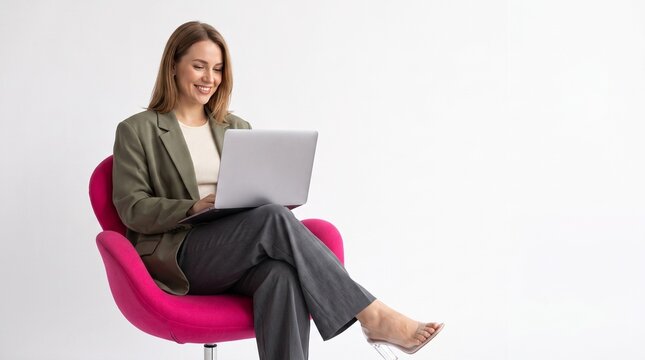 Professional Female Freelancer Sitting in Modern Chair Using Laptop on White clean background with large copy space