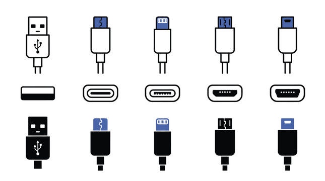 Digital charging cable port icons featuring various usb types and lightning connectors in minimalist black and white line art style