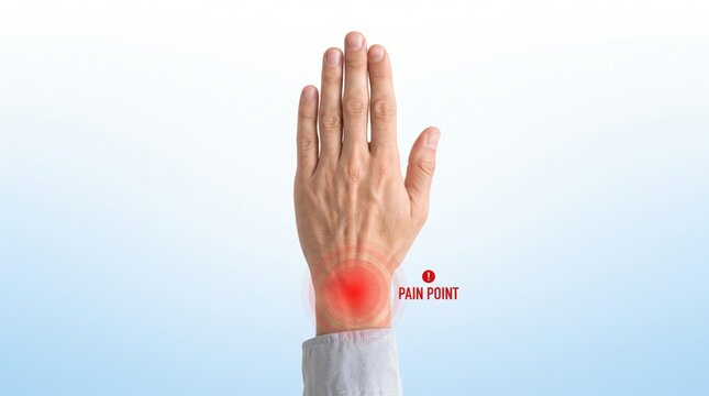 Close up view of human hand with red highlighted area on wrist indicating pain point or injury, medical illustration for arthritis, sprain, tendonitis or carpal tunnel syndrome