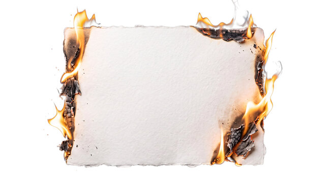 Blank white paper sheet burning at the edges with isolated on png transparent background