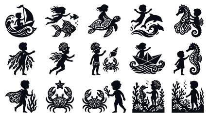 Fototapeta premium Black White Silhouette Vector Art of Children Enjoying Summer Beach and Ocean Activities