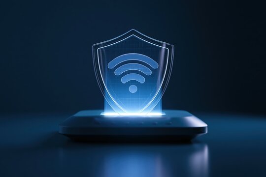 Secure Wi-Fi network hologram projected from a glowing router on a dark background