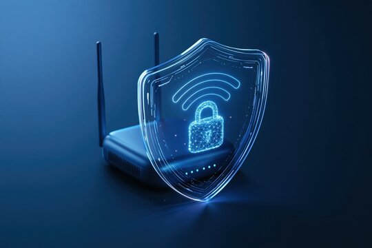 Secure WiFi network represented by a glowing shield with padlock and signal icons