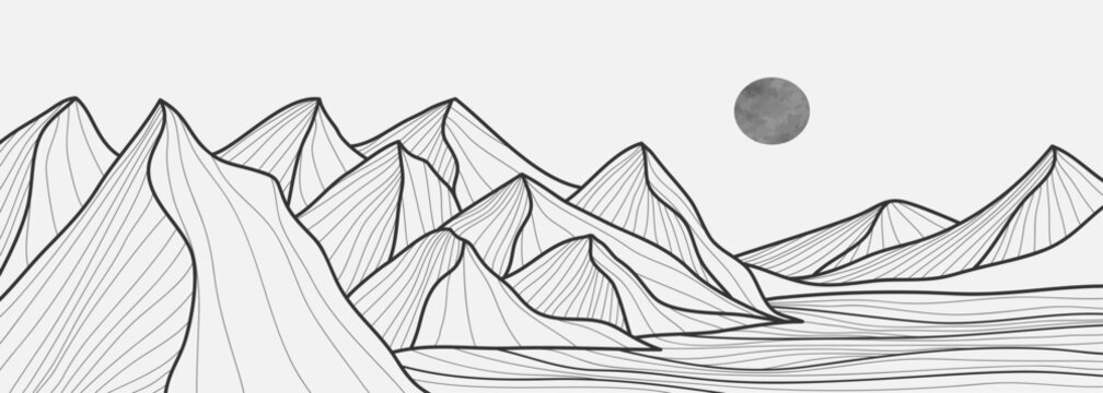 Minimalist Mountain with line art texture. Abstract mountain landscapes backgrounds. mountains range and sunlight. use for wall art prints, poster Art Decoration, banner