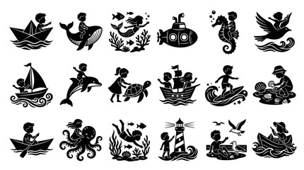 Obraz premium Black and White Silhouettes of Children Enjoying Beach and Ocean Activities