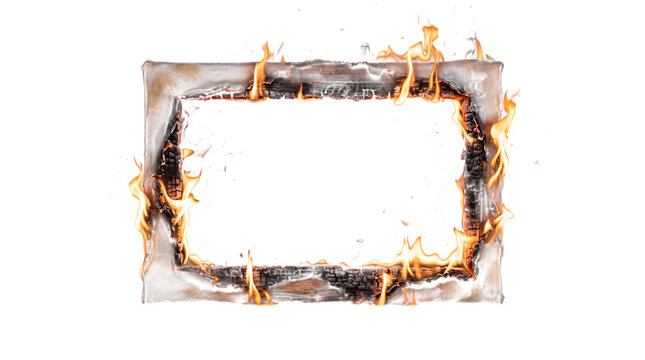 Burnt frame with flames and charred wood details isolated on png transparent background