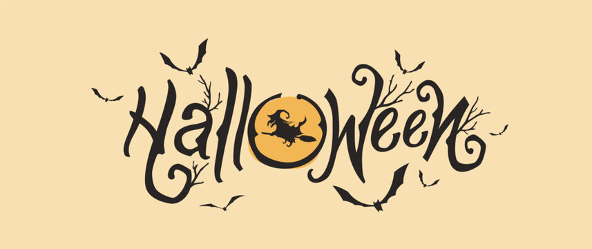 Halloween poster banner with vector calligraphy logo ominous tree branches, bats and a witch on a background of the full moon.