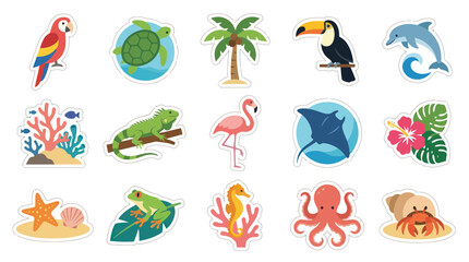 Fototapeta premium Cartoon Tropical Animals and Plants Flat Vector Sticker Icon Set for Wildlife and Nature Themes