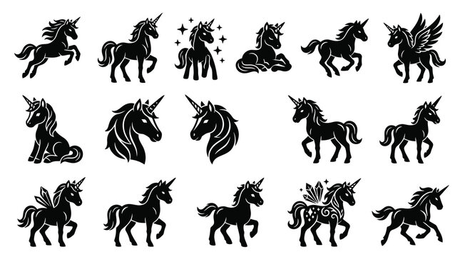 Black  White Unicorn Glyphs Set: Mythical Fantasy Creatures Silhouette Collection for Magic Designs