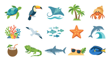 Fototapeta premium Flat Design Collection of Tropical Marine Life, Nature, and Summer Travel Vacation Icons