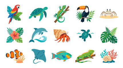Fototapeta premium Tropical Wildlife Flat Vector Icon Set. Collection of Exotic Animals, Marine Life Plants Illustrations
