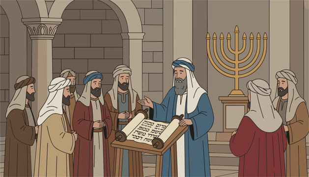 Biblical scene showing a man reading from a scroll to a group of people inside a stone hall featuring a traditional menorah in the background.