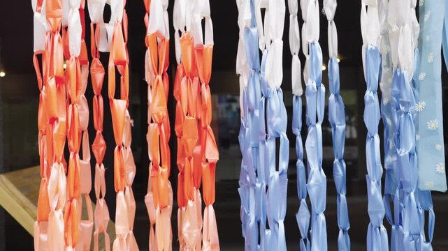 Colorful vertical streamers made of orange, white and blue plastic ribbons hanging outdoors. Decorative chain link ornaments for festive events, celebrations or street festivals. Close up view.
